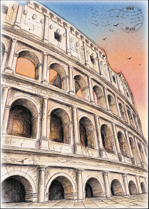 A colored pencil and ink sketch of the Colosseum in Rome, with warm peach and orange sky tones and a few small birds in the upper right.