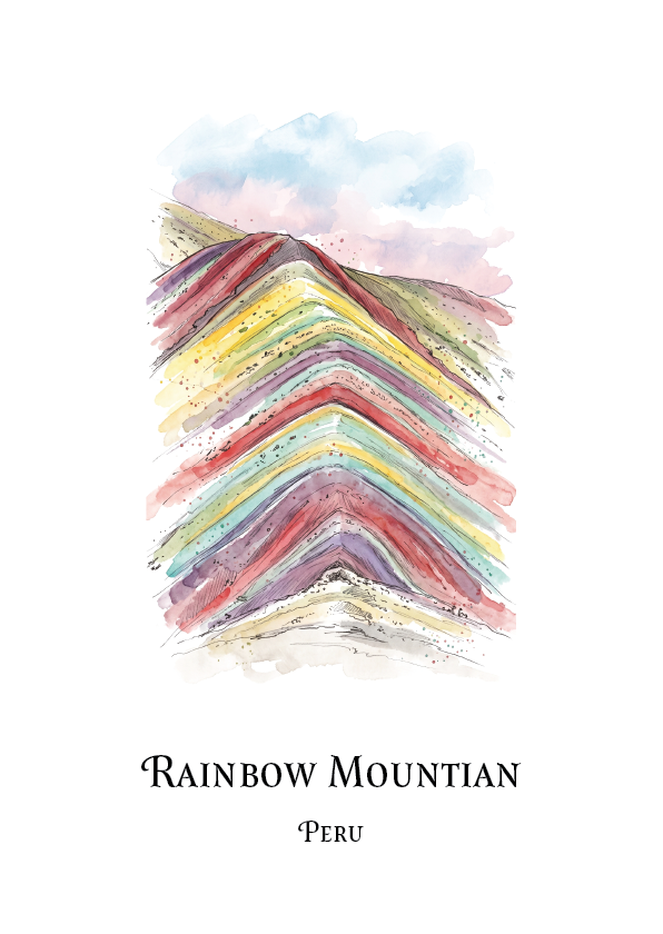 A vertical art print featuring a watercolour illustration of layered rainbow-coloured mountain peaks under a soft blue and pink sky, with the text 'RAINBOW MOUNTAIN' and 'PERU' printed below on a white background.