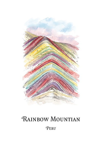 A vertical art print featuring a watercolour illustration of layered rainbow-coloured mountain peaks under a soft blue and pink sky, with the text 'RAINBOW MOUNTAIN' and 'PERU' printed below on a white background.