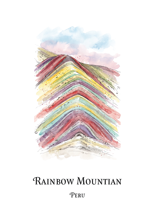 A vertical art print featuring a watercolour illustration of layered rainbow-coloured mountain peaks under a soft blue and pink sky, with the text 'RAINBOW MOUNTAIN' and 'PERU' printed below on a white background.