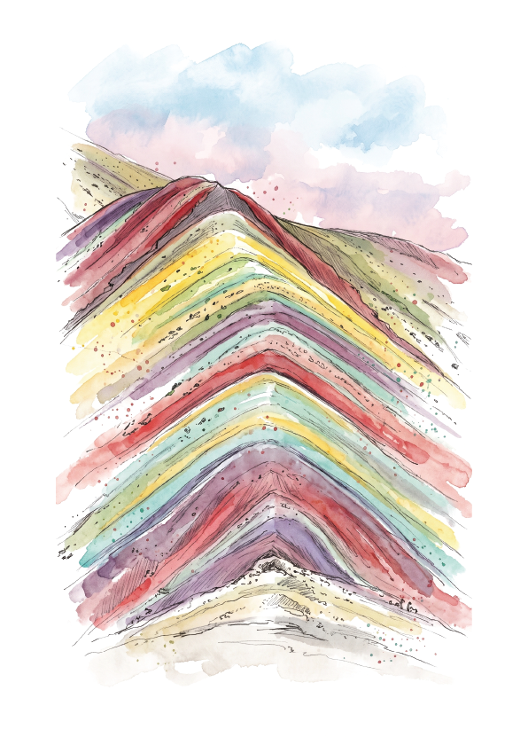 Watercolour art print of layered, rainbow-colored mountain in Peru,  under a soft blue and pink sky on a white background.