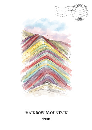 A watercolour-style art print postcard featuring a layered rainbow-coloured mountain under a soft blue and pink sky, with the text 'RAINBOW MOUNTAIN' and 'PERU' below. A circular postage-style stamp graphic appears in the upper right.