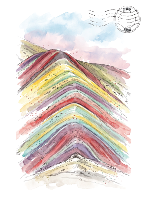 Watercolor art print of a layered, rainbow-coloured mountain In Peru, under a soft blue and pink sky, with a circular postmark illustration in the top right corner.