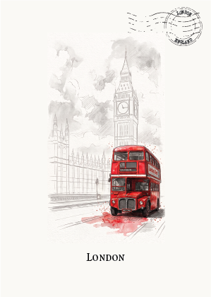 A minimalist travel art print of London, featuring a red double-decker bus and a black-and-white sketch of Big Ben and the Houses of Parliament. The word 'LONDON' is printed at the bottom, and a circular stamp graphic is in the upper right corner.