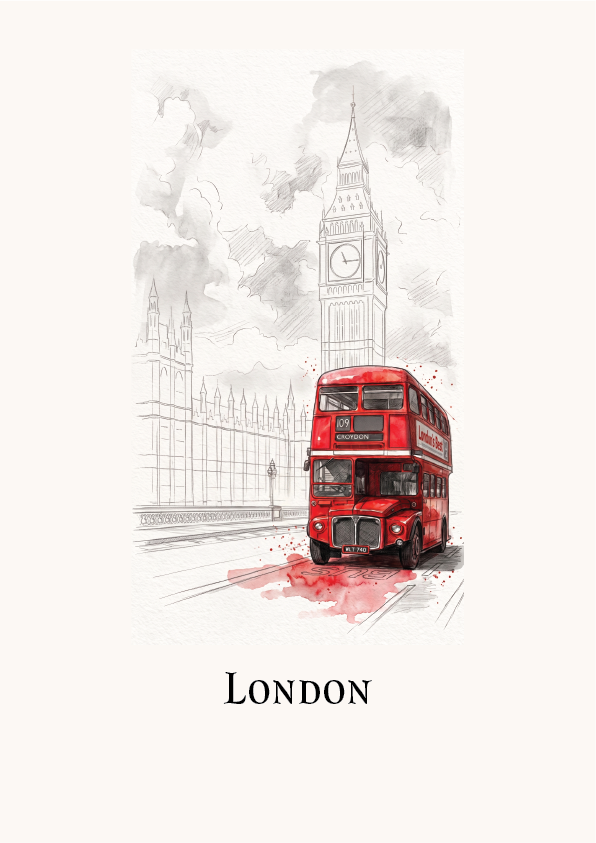A minimalist art print of London featuring a red double-decker bus and Big Ben in a hand-drawn sketch style, with the word 'LONDON' printed below on an off-white background.