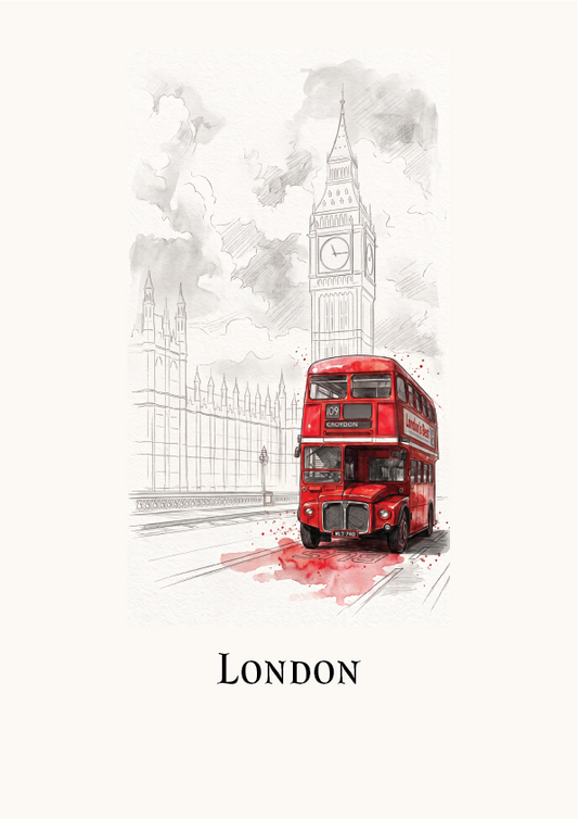 A minimalist art print of London featuring a red double-decker bus and Big Ben in a hand-drawn sketch style, with the word 'LONDON' printed below on an off-white background.