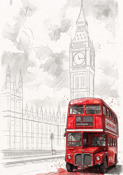 A sketch-style London scene with Big Ben and the Houses of Parliament in the background, featuring a red double-decker bus in the foreground with watercolour-style red splashes on the ground.
