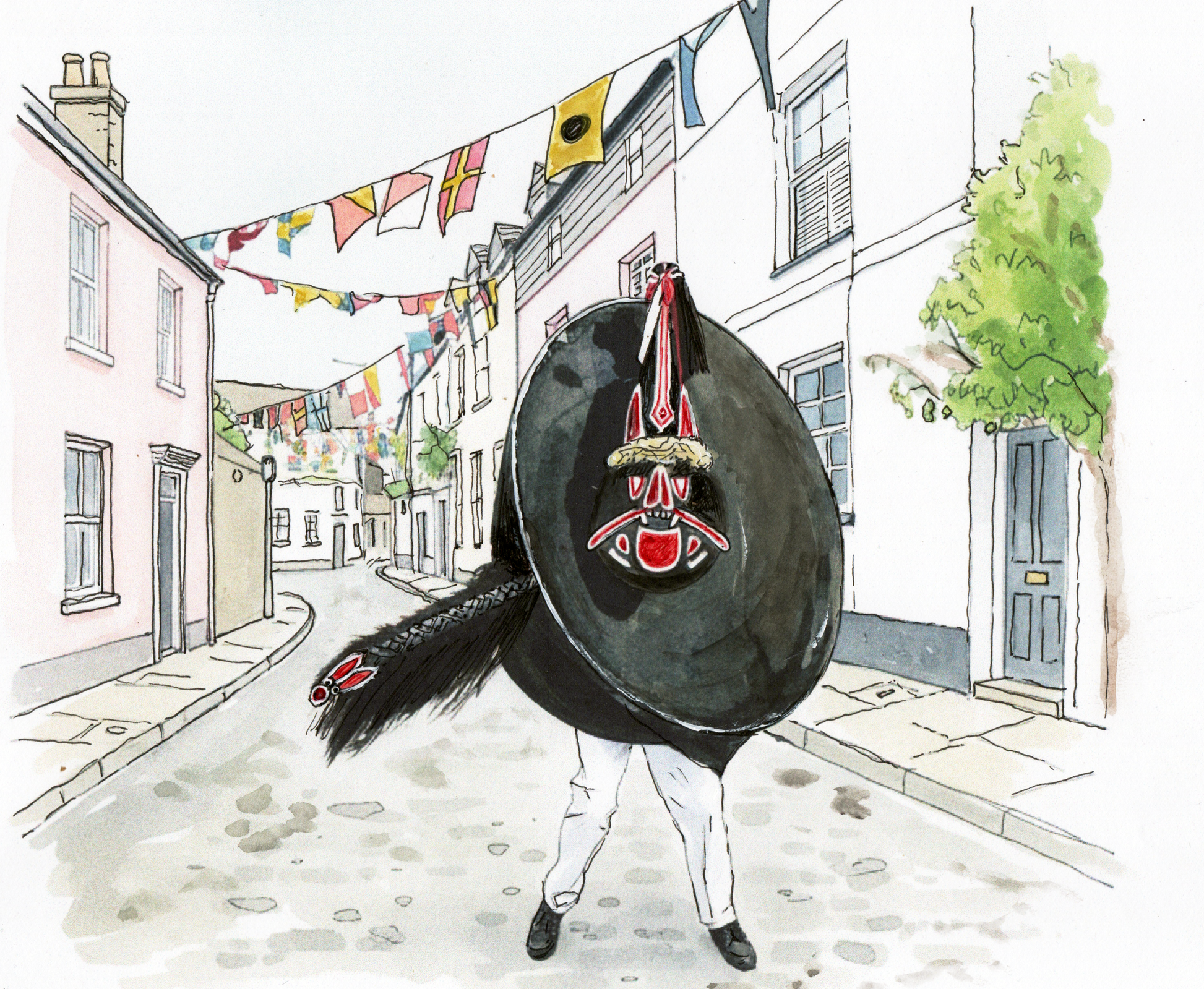 illustration of the Red Obby Oss walking down a cobbled street with colorful flags.
