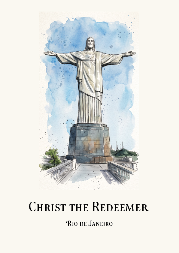 A watercolour-style print showing the Christ the Redeemer statue in Rio de Janeiro, with the title text 'CHRIST THE REDEEMER' and 'RIO DE JANEIRO' below on an off-white background.