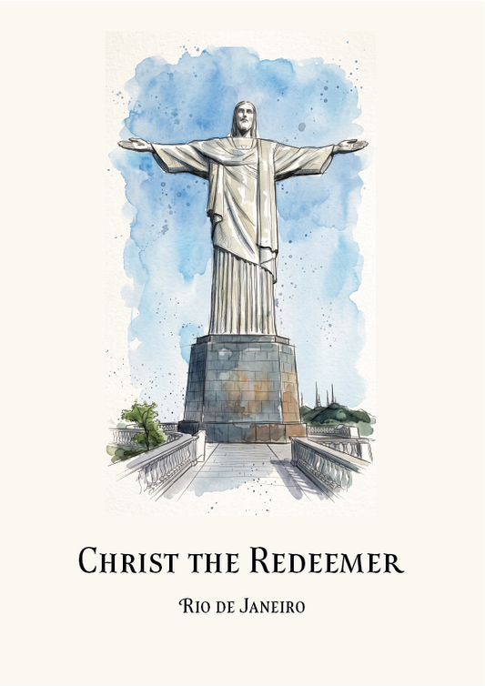 A watercolour-style print showing the Christ the Redeemer statue in Rio de Janeiro, with the title text 'CHRIST THE REDEEMER' and 'RIO DE JANEIRO' below on an off-white background.