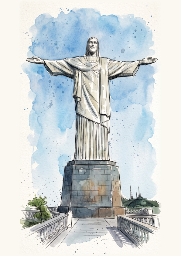 Watercolour-style illustration of the Christ the Redeemer statue in Rio de Janeiro, shown with outstretched arms on a bridge, with a blue watercolor sky background and a light cream border.