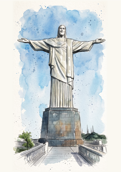 Watercolour-style illustration of the Christ the Redeemer statue in Rio de Janeiro, shown with outstretched arms on a bridge, with a blue watercolor sky background and a light cream border.