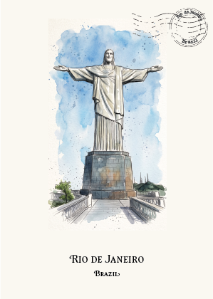 A watercolor-style travel postcard print of the Rio de Janeiro Christ the Redeemer statue, with a blue sky background, a postmark in the upper right, and the text 'RIO DE JANEIRO' and 'BRAZIL' below the illustration.