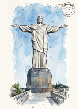 Watercolour-style illustration of the Christ the Redeemer statue in Rio de Janeiro, shown with outstretched arms on a pedestal, with a blue watercolor sky and a postage stamp graphic in the upper right.