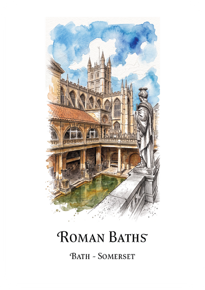 watercolour illustration and pencil sketch of The Roman Baths and a statue overlooking the green water of the baths. Travel poster with title Roman Baths, Bath - Somerset.