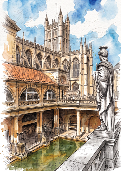 watercolour illustration and pencil sketch of The Roman Baths and a statue overlooking teh green water of the baths.