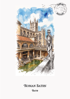 A watercolour-style travel art print postcard of the Roman Baths in Bath, England, featuring an illustration of the historic stone structures, pool, and statue against a white background with a postmark stamp in the top right and the text 'ROMAN BATHS' and 'BATH' below.