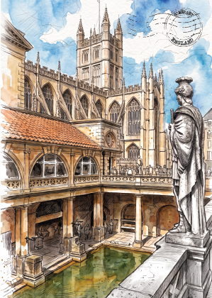 Watercolour and ink illustration postcard of Bath  and the Roman Baths in England, with a stone statue in the foreground, blue sky, and a circular postmark reading England.
