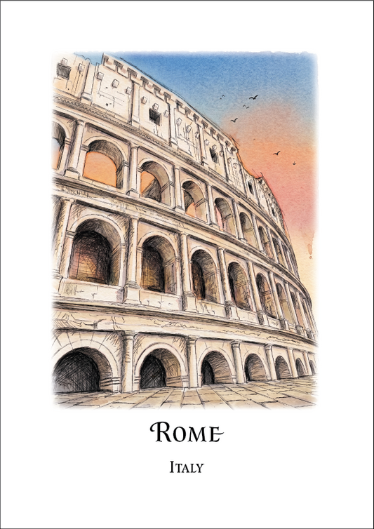 Watercolour illustration of the Colloseum in Rome on a white background, as a Travel Poster with the text, Rome, Italy
