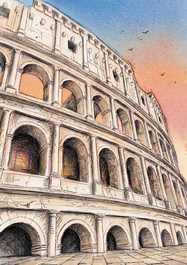 A coloured pencil and ink sketch of the Colosseum in Rome, showing the detailed arches and facade against a blue and orange sky with birds.
