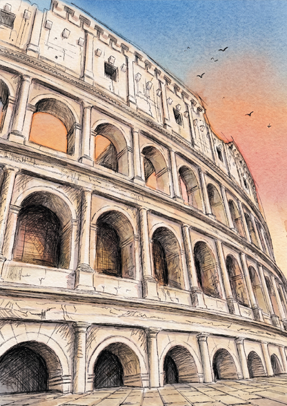 A coloured pencil and ink sketch of the Colosseum in Rome, showing the detailed arches and facade against a blue and orange sky with birds.