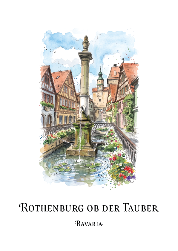 A watercolour-style travel art print of Rothenburg ob der Tauber in Bavaria, featuring a central fountain, historic half-timbered houses, a bridge, and a canal, with the text 'Rothenburg ob der Tauber' and 'Bavaria' below on a white background.