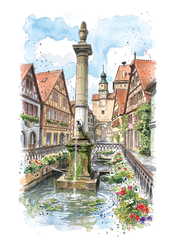 Watercolour-style illustration of a Rothenburg ob der Tauber town square with a central fountain, half-timbered buildings, red roofs, flowers, and a blue sky.