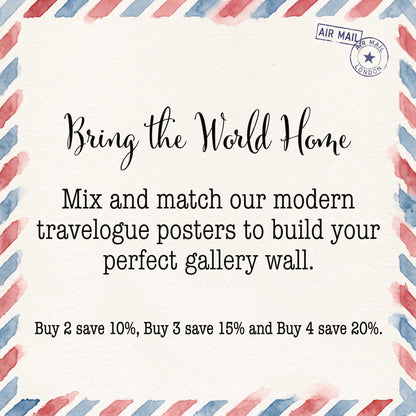 Promotional graphic for travelogue posters with a cream background, red and blue striped border, and black text reading 'Bring the World Home' plus a postage stamp illustration and discount offer.