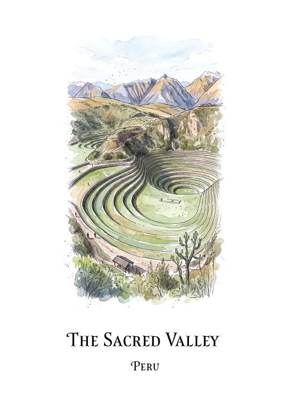 A vertical art print featuring a watercolour illustration of the terraced mountains of The Sacred Valley in Peru, with the text 'THE SACRED VALLEY' and 'PERU' printed below on a white background.