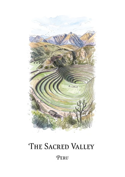 A vertical art print featuring a watercolour illustration of the terraced mountains of The Sacred Valley in Peru, with the text 'THE SACRED VALLEY' and 'PERU' printed below on a white background.
