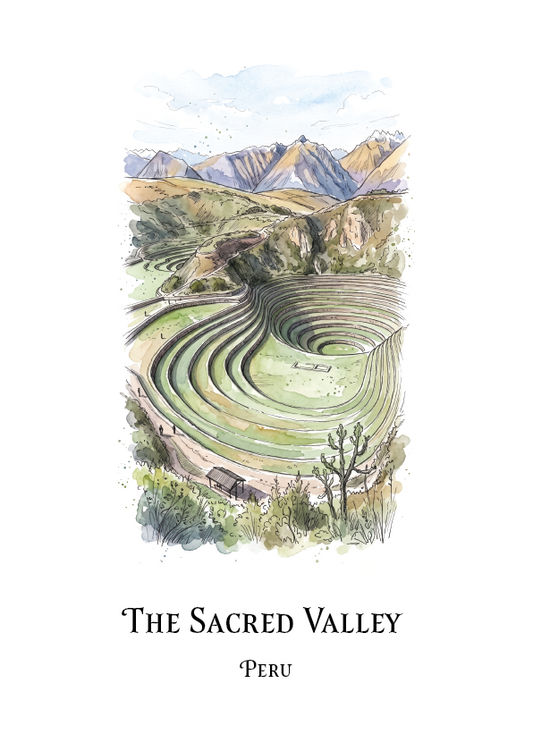 A vertical art print featuring a watercolour illustration of the terraced mountains of The Sacred Valley in Peru, with the text 'THE SACRED VALLEY' and 'PERU' printed below on a white background.