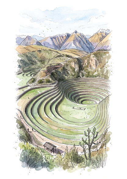 A vertical art print featuring a watercolour illustration of the terraced mountains of The Sacred Valley in Peru, on a white background.