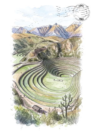 A watercolour-style travel art print of the Sacred Valley terraces in Peru, featuring a central illustration of the green terraces with mountains in the background, set on a white page with a circular stamp graphic at the top.