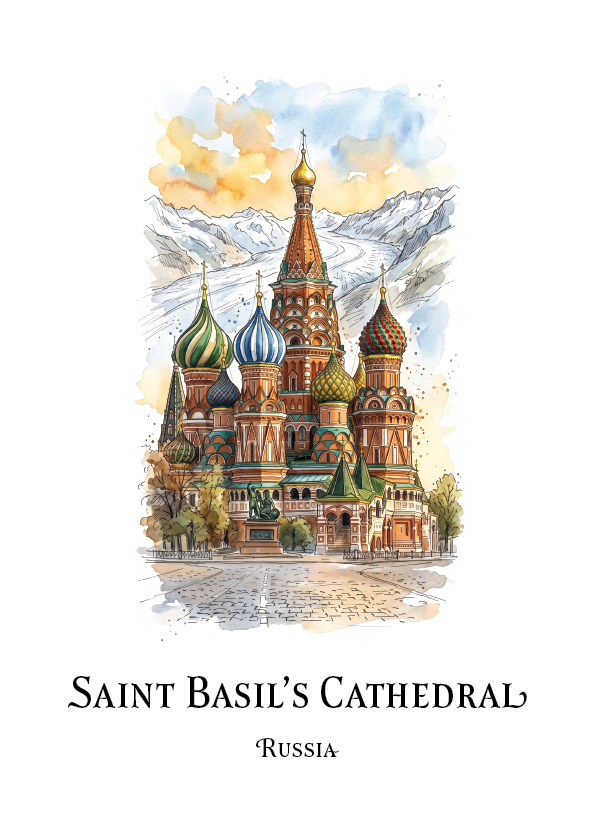 Watercolour-style travel art print of Saint Basil's Cathedral in Russia, shown on a white background with the title text 'SAINT BASIL'S CATHEDRAL' and 'RUSSIA' below.