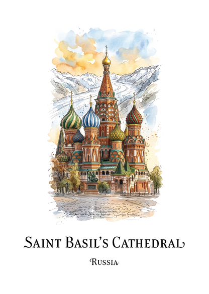 Watercolour-style travel art print of Saint Basil's Cathedral in Russia, shown on a white background with the title text 'SAINT BASIL'S CATHEDRAL' and 'RUSSIA' below.
