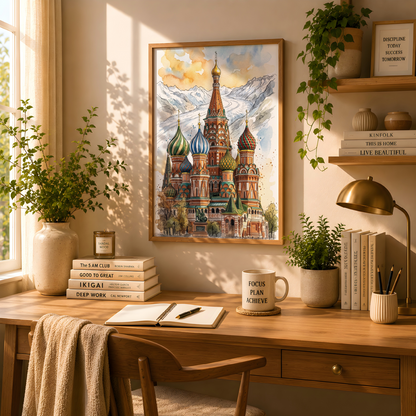 A framed watercolour-style art print of St. Basil's Cathedral in Moscow hangs on a warm beige wall above a wooden desk.
