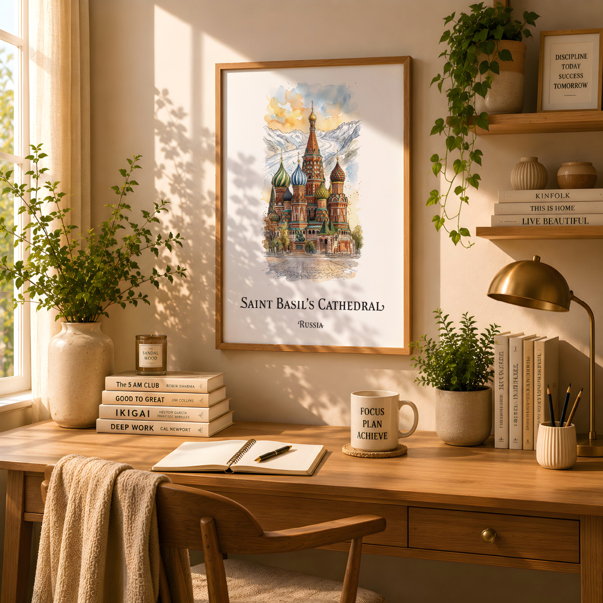 A framed art print of Saint Basil's Cathedral in Moscow hangs on a warm beige wall above a wooden desk decorated with books, a plant, a lamp, and a mug. The print features a watercolour illustration of the cathedral with mountains in the background.