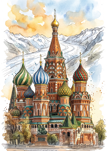Watercolour and ink illustration of St. Basil's Cathedral in Moscow, with colourful onion domes, snowy mountains, and a soft blue and yellow sky.