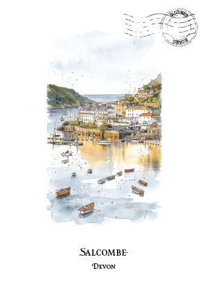 A watercolour-style travel print of Salcombe, Devon, showing a coastal harbour with small boats, white buildings, green hills, and a cloudy sky. The artwork is centered on a white background with a circular postmark graphic near the top right and the text 'SALCOMBE' and 'DEVON' below the illustration.