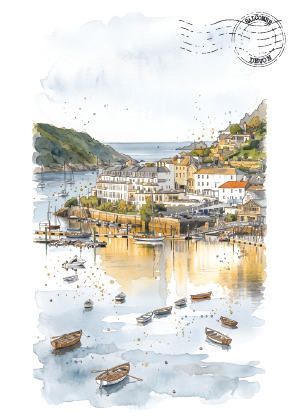 Watercolour painting of a coastal town with boats in the harbour, green hills, and buildings reflected in the water, styled like a postcard with a circular stamp in the upper right.