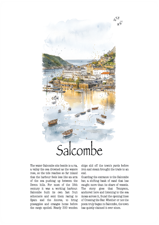 A travel poster print of Salcombe, featuring a watercolour illustration of the harbour town and sea at the top, with the title 'Salcombe' in a large serif font and descriptive text below on a white background.