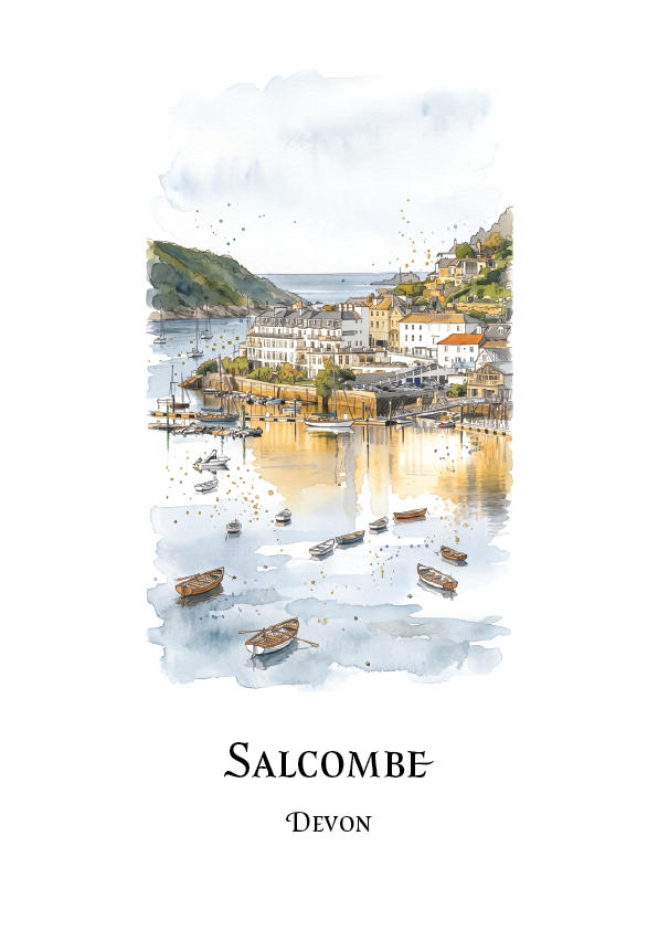 A watercolour-style art travel poster print featuring a coastal harbour scene labeled 'SALCOMBE' and 'DEVON' at the bottom, with white space around the artwork.