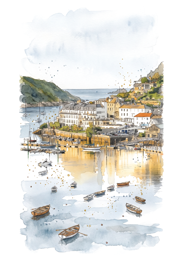 Watercolor painting of the coastal harbour town  Salcombe in Devon, with boats on the water, buildings along the shore, green hills, and a soft cloudy sky, presented on a white background.