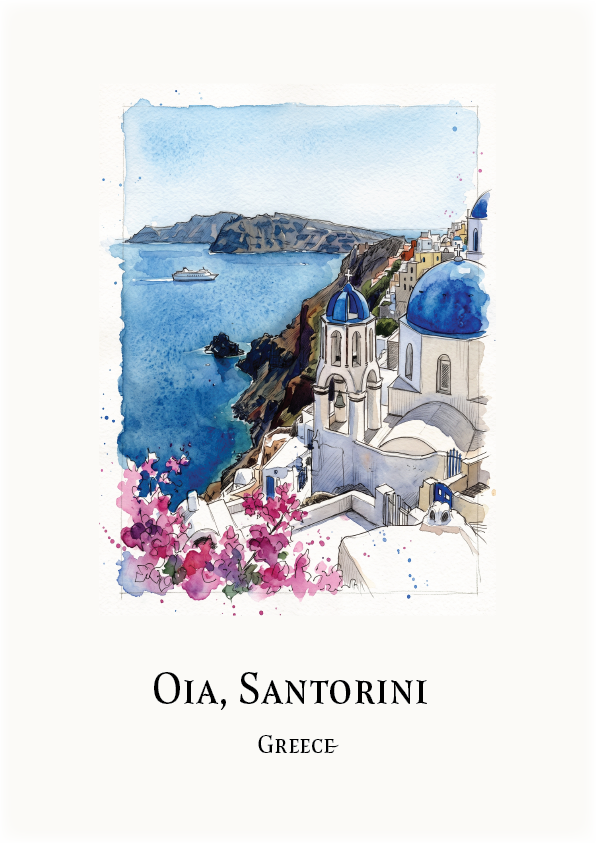 A watercolour-style travel print of Oia, Santorini, Greece, showing blue-domed buildings, a coastal cliff, sea, and pink flowers, with the text 'Oia, Santorini' and 'Greece' below the artwork on a white background.