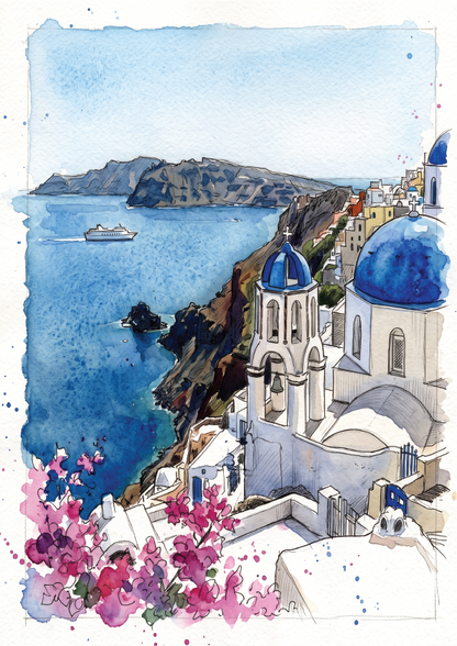 Watercolour and ink illustration of the coastal village, Oia, Santorini with white buildings, blue-domed churches, a rocky cliff, deep blue sea, and pink flowers in the foreground.