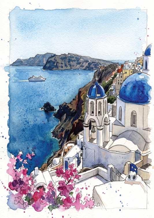 Watercolour and ink illustration of the coastal village, Oia, Santorini with white buildings, blue-domed churches, a rocky cliff, deep blue sea, and pink flowers in the foreground.