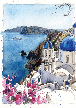 Watercolour-style illustration postcard of a coastal city Oia, Santorini with blue-domed buildings, a sea view, cliffs, and pink flowers in the foreground. No visible product brand.