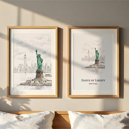 Two framed art prints of the Statue of Liberty in New York City, displayed side-by-side on a beige wall above a wooden headboard with white pillows. The left print features a detailed sketch with a pale wooden frame, while the right print features the text 'STATUE OF LIBERTY New York.