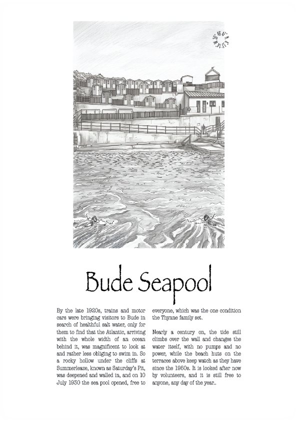 A black and white vintage-style travel poster titled 'Bude Seapool,' showing a seaside building and pool scene with a long descriptive text block below.