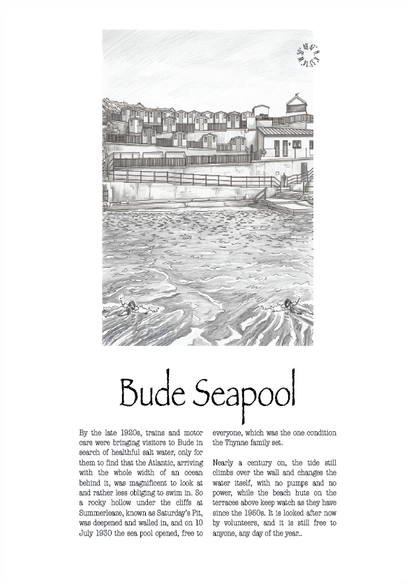 A black and white vintage-style travel poster titled 'Bude Seapool,' showing a seaside building and pool scene with a long descriptive text block below.